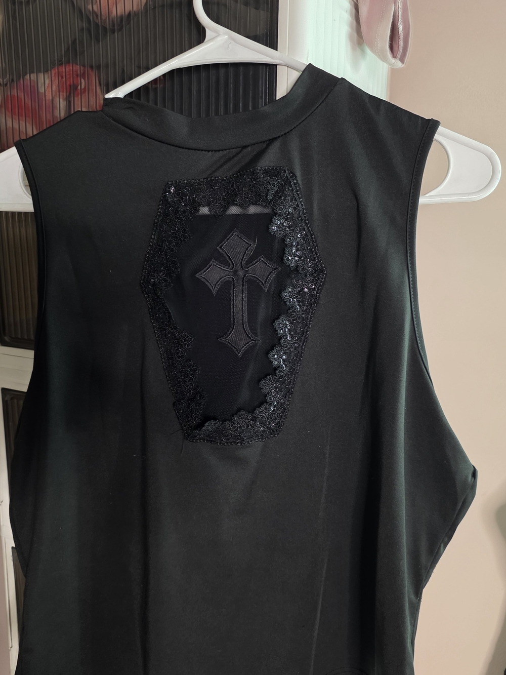 Black Sleeveless Tank with Cross Applique Detail